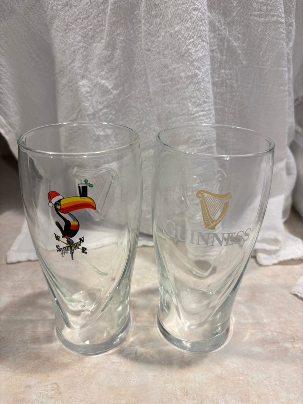 Guinness Pint Glasses with Colorful Toucan with and Gold Harp - Clear Glass Set